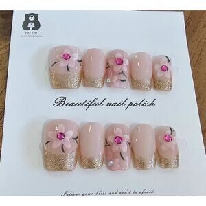 Floral & Gold French Tip- Short Coffin| Press on Nails - Handmade | Sz Large